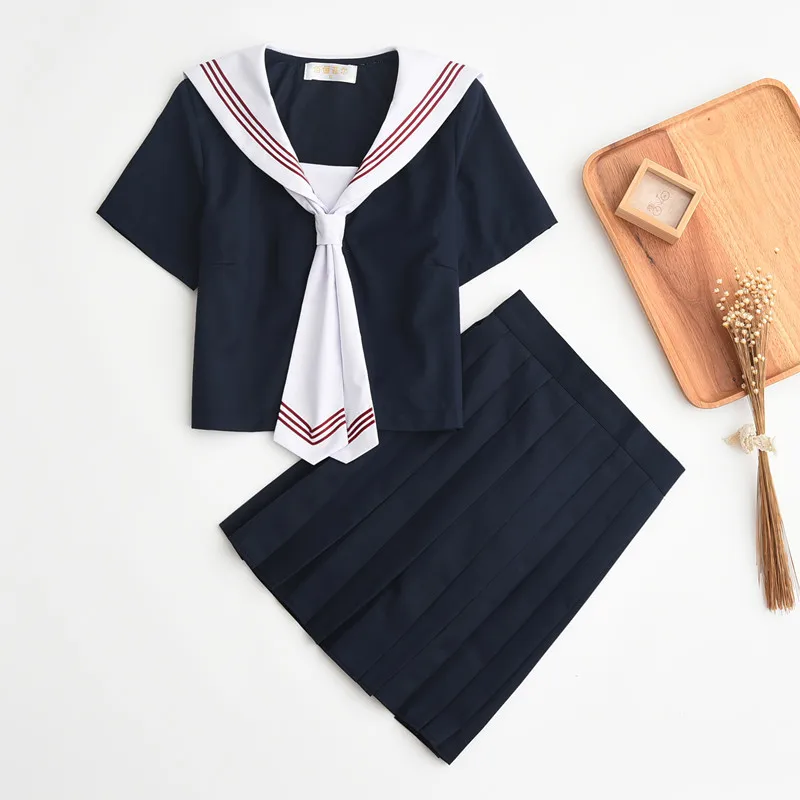 Japanse Jk Pak Drie Lijnen Vrouw Schooluniform Hoge School Matrozenpak Navy Cosplay Kostuums Student Meisjes Geplooide Rok