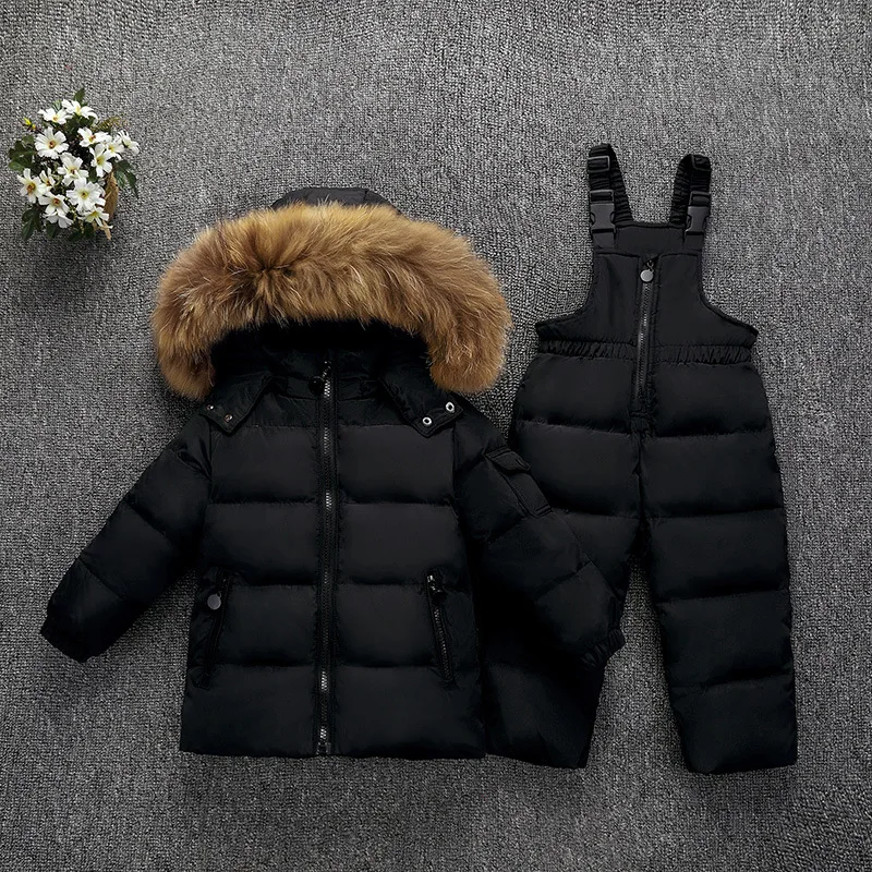 Down Fur Hooded Duck Down Jacket for Girls Warm Kids Snow Suit Children 2-5T Coat Snowsuit Winter Clothes Boys Clothing Set