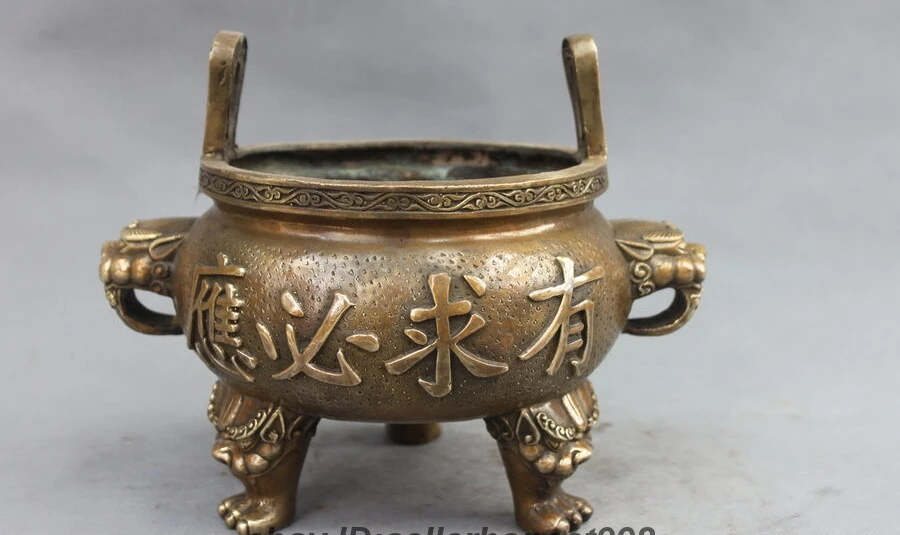 11 China Tibet Buddhism Three Lion Head Ding Incense Burner old Bronze Censer