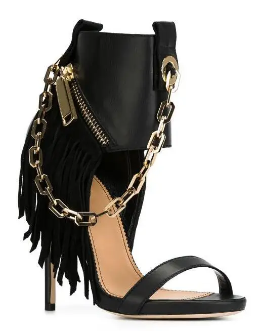 

Black Strap Toe Women Sexy Sandals Ankle Fringe Gold Chain Strap Ladies Fashion High Heels Zipper Side Female Banquet Dress Shoe