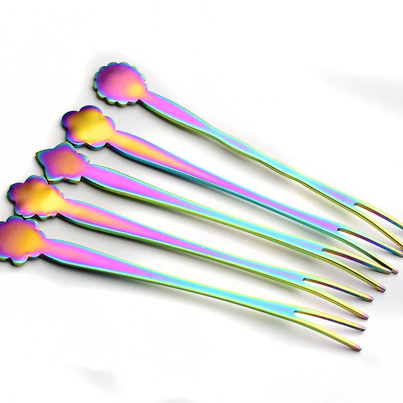 Stainless Steel Forks Fruit Forks Set Picks Sticks Rainbow Christmas Kitchen Utensils Dinnerware Coffee Shop Cake Flower Prongs