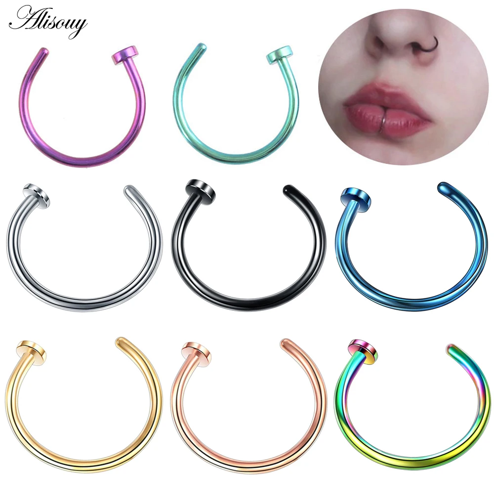 Alisouy 1pc Fake Septum Medical Stainless Steel Nose Ring Blue Gold Color Body Clip Hoop For Women Septum Piercing Jewelry Gift