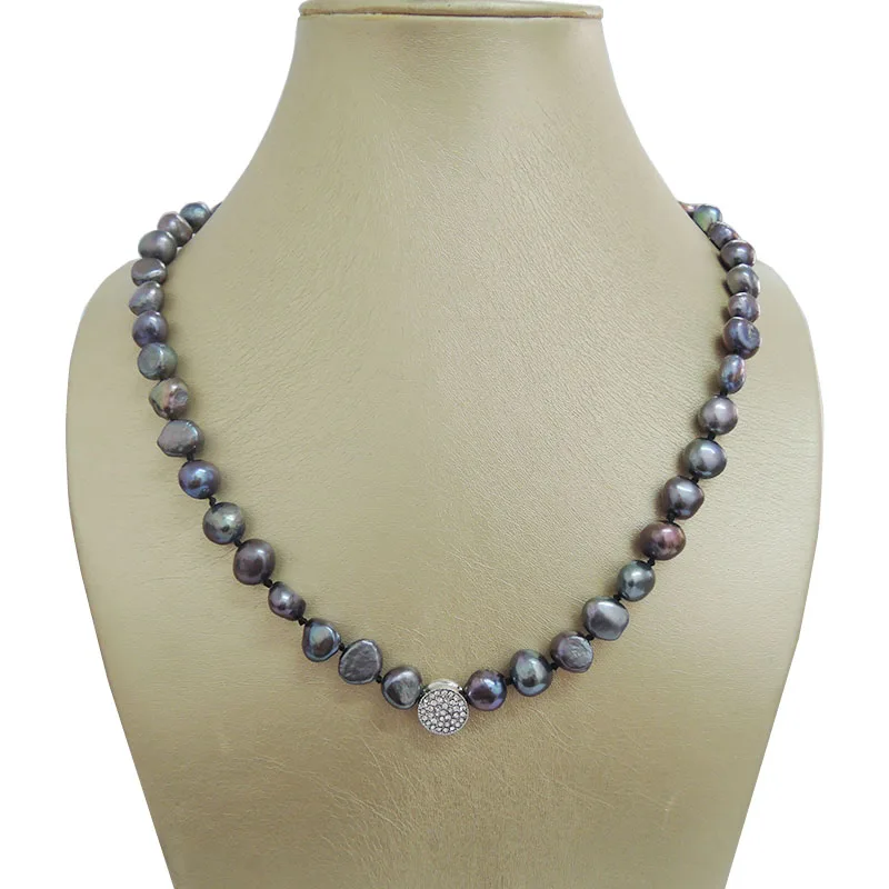 100% NATURE FRESHWATER PEARL JEWELRY SET  NECKLACE AND BRACELET-BAROQUE SHAPE IN BLACK COLOR PEARL WITH CRYSTAL ACCESSORIES