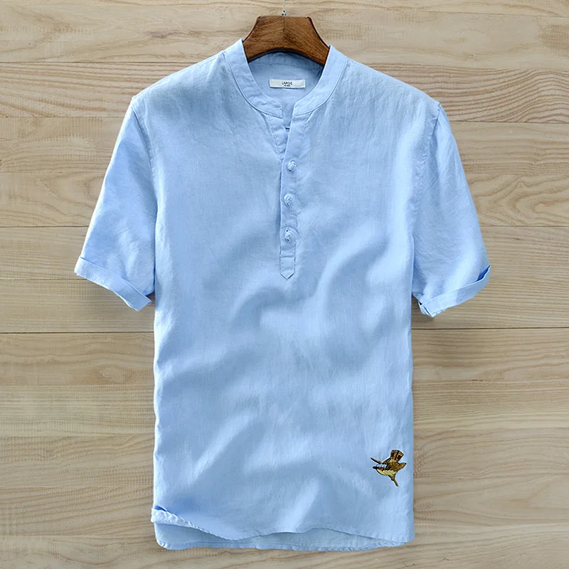 New Design French Style Short-sleeved Linen Shirts Men Brand Casual Breathable Shirt For Men Sky Blue Camisa Masculina Chemise