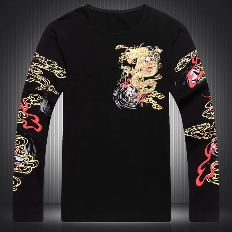 Creative Chinese Dragon Print Fashion Luxury Long Sleeve T Shirt Spring New Quality Cotton Men Designer Clothes Casual Camisetas