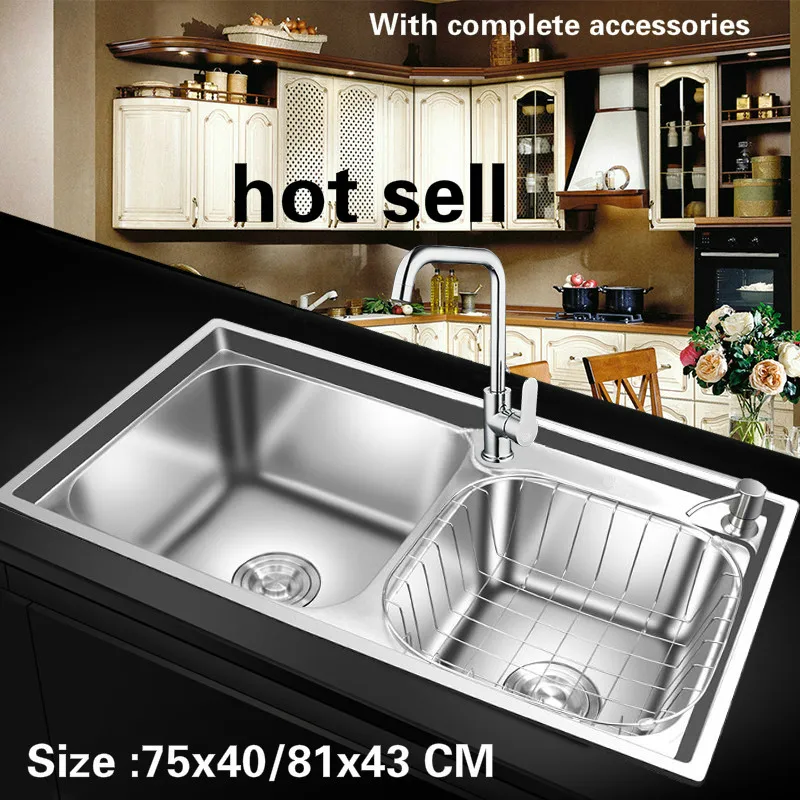 Free shipping 304 stainless steel kitchen sink 0.8 mm thick ordinary big double trough 75x40/78x43/81x43 CM