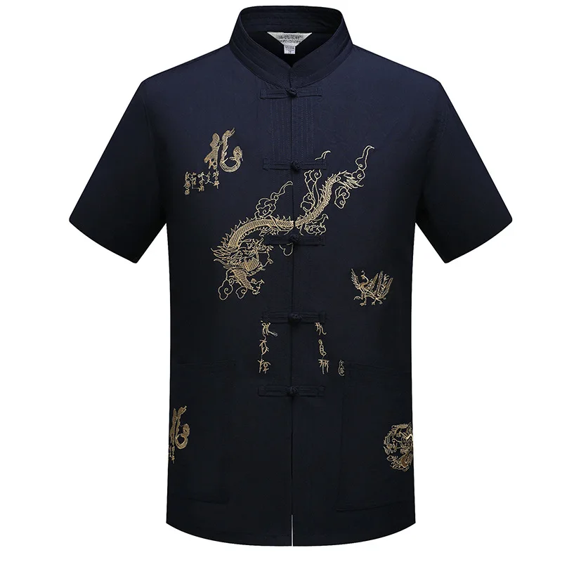 Chinese Traditional Tang Clothing Top Mandarin Collar Kung Fu Wing Chun Garment Top Short Sleeve Embroidery Dragon Shirt M-XXXL