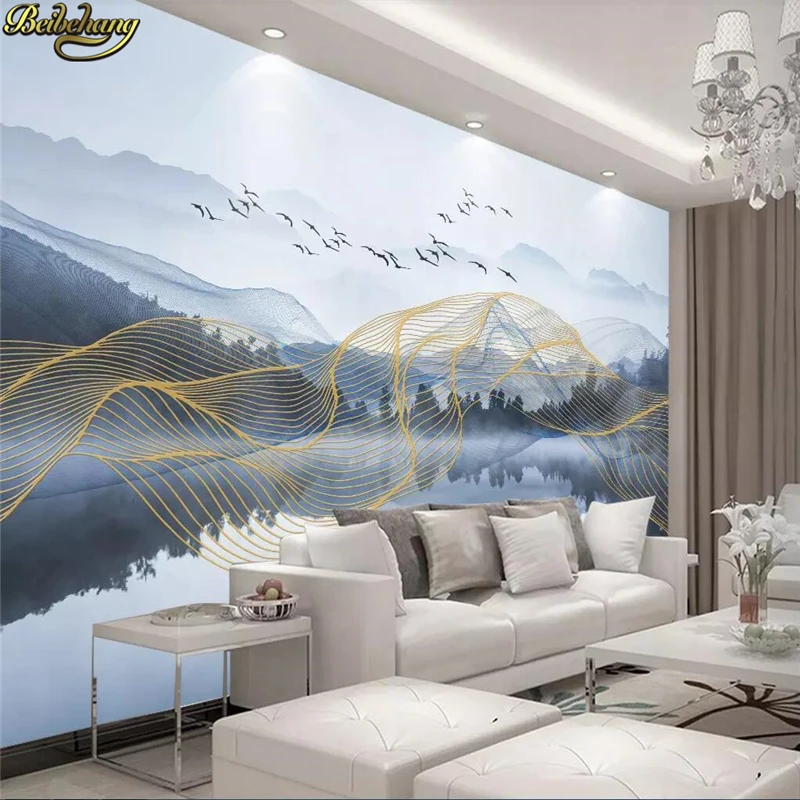 beibehang custom Abstract golden lines artistic 3D Mural Wallpaper Roll landscape water reflection photo Wall Pape TV background