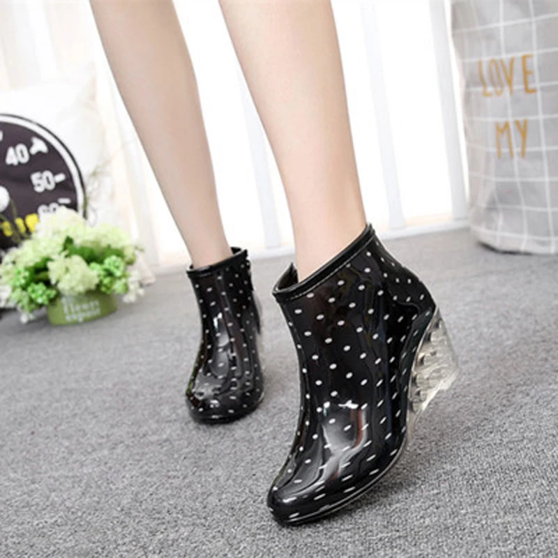 Fashion Women Wedges Rain Boots Female Short High-Heeled Boots Wedge Rain Shoes Rubber Water Shoes For Woman