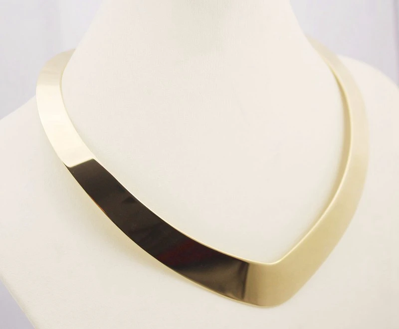 Hand-buffing Gold Color 316L Stainless Steel Statement Necklace Chunky Torques V Shape Clavicle Women Jewelry