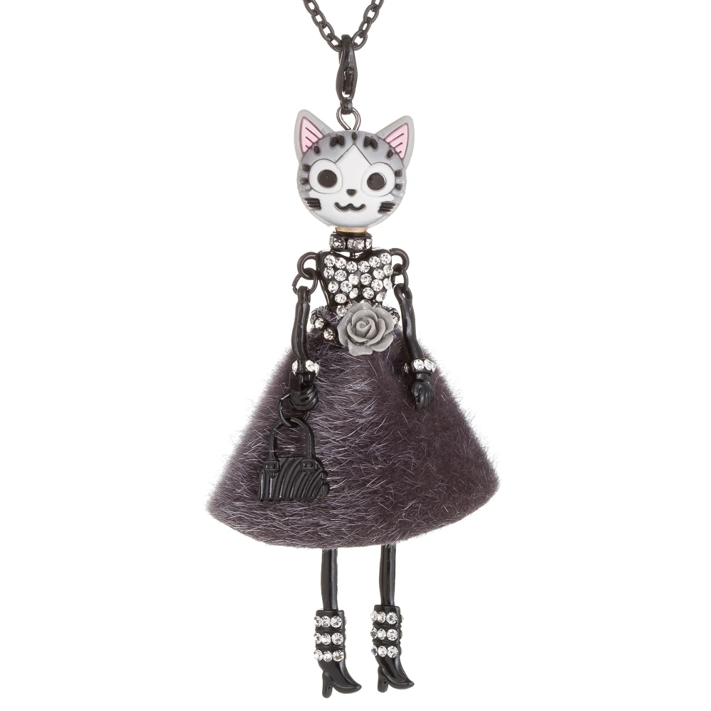 Lovely Flower Dress Cat Head Doll Pendant Necklace Rhinestone Princess Doll Long Chain Choker Necklace For Women Fashion Jewelry