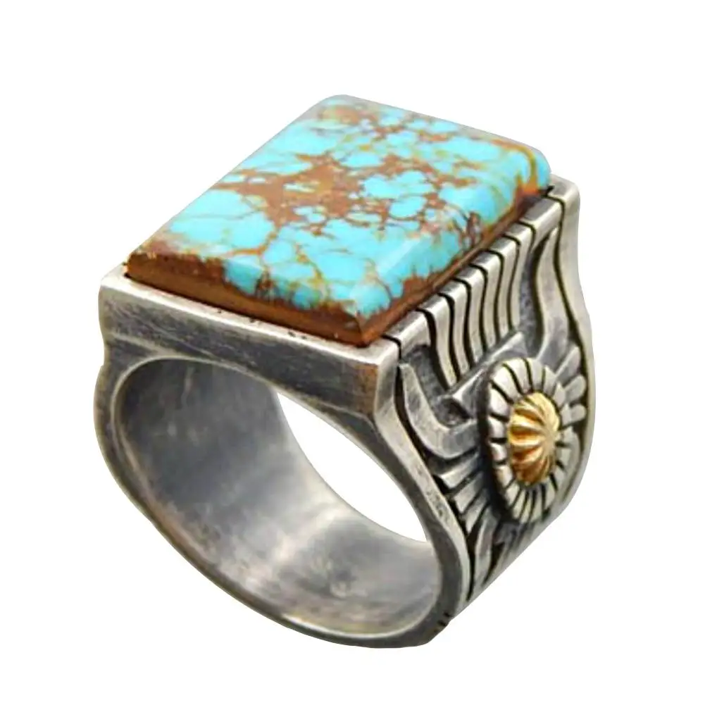 Nepal Retro Simulated Turquoise Inlaid Ring Tibetan Silver Women Open Rings Banquet Jewelry Gift