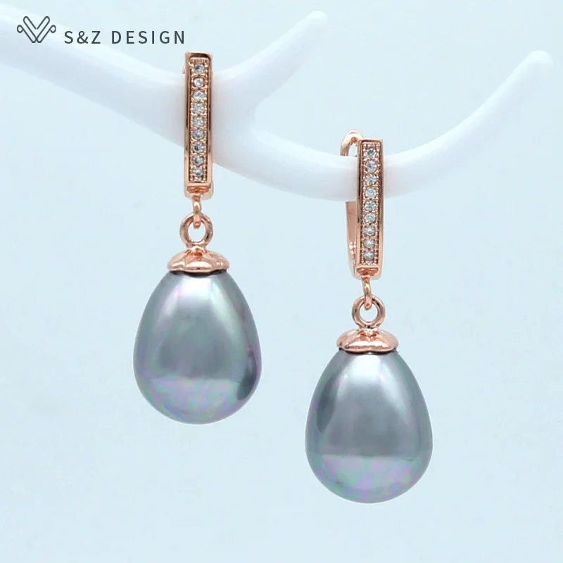 S&Z DESIGN New Imitation Pearls Water Drop Earrings For Women Wedding Party Fashion Cubic Zirconia 585 Rose Gold Color Jewelry