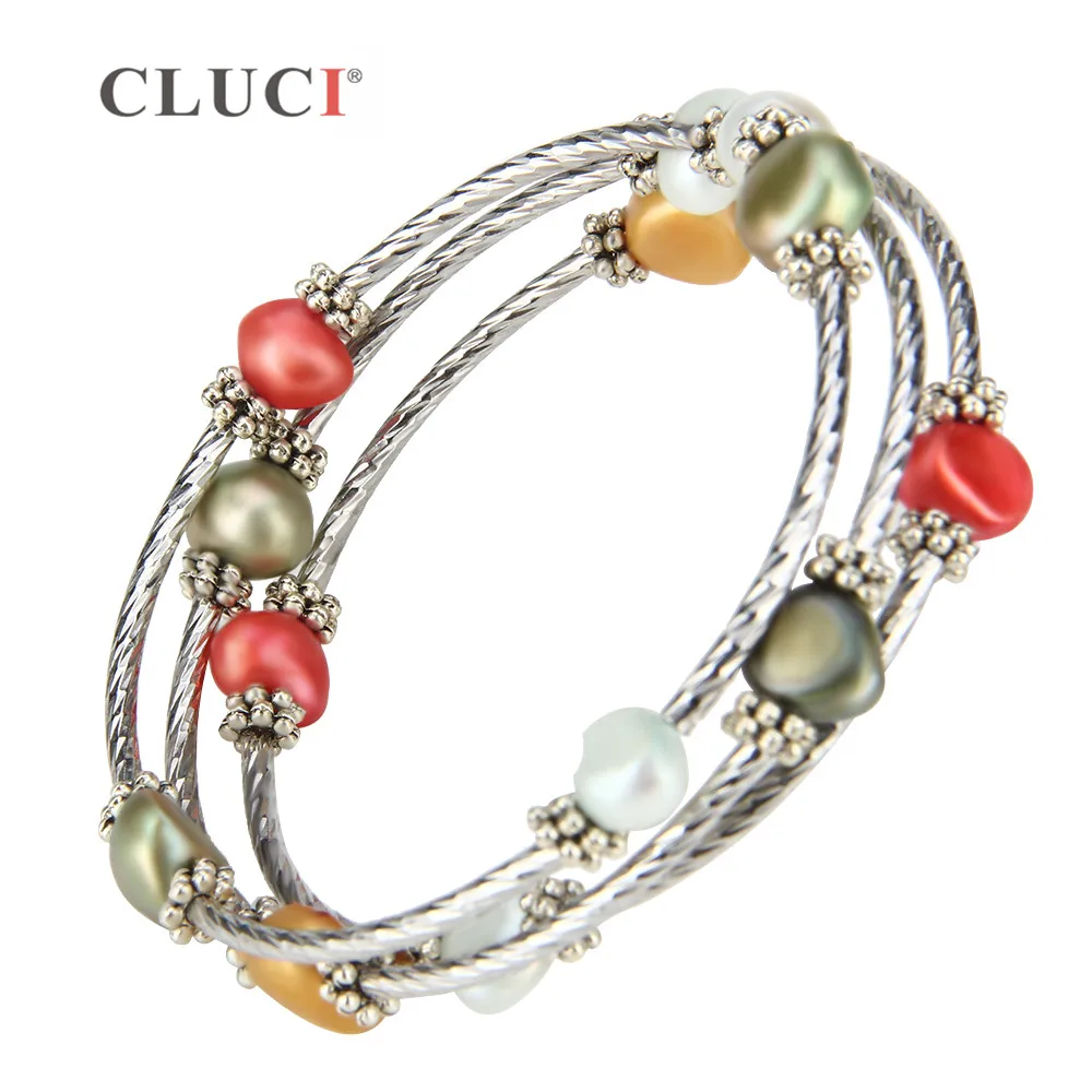 CLUCI colorful 6-7mm freshwater pearls wire wrap bracelet adjustable  bracelet jewelry for women party jewelry FB2006SB