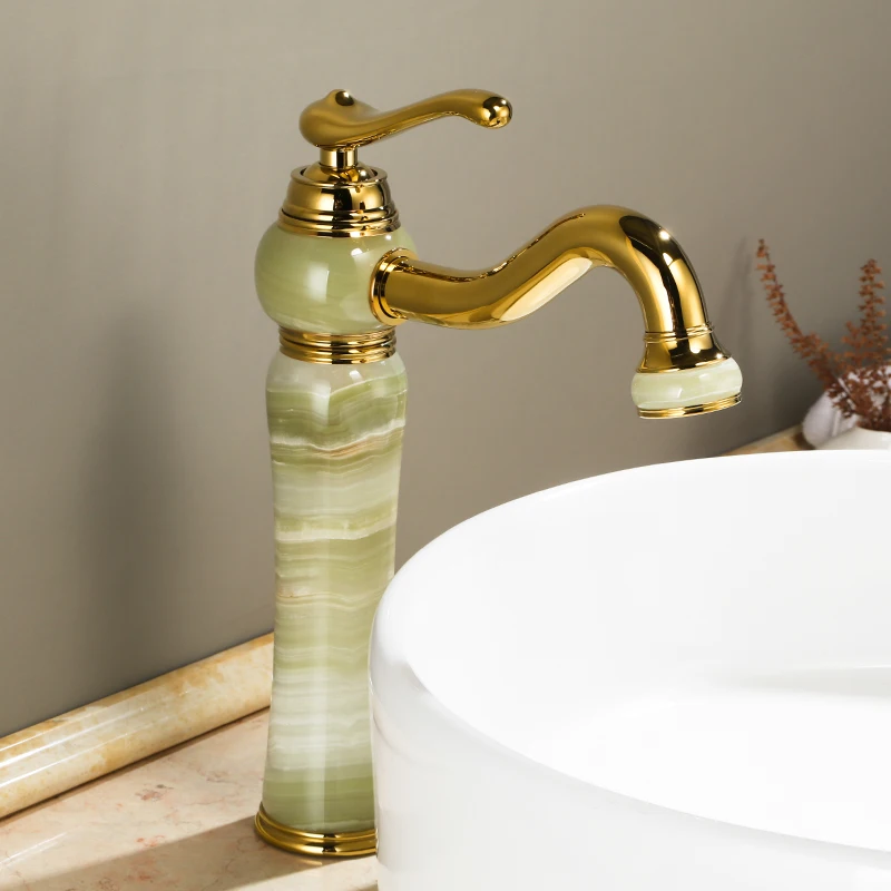 

Luxury Gold Brass Natural jade Bathroom Sink Faucet Golden Art Basin Mixer Taps Single Handle Lavatory Faucet,Gold Finish-SM513