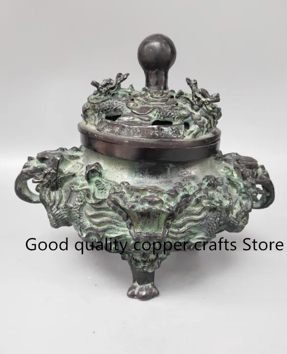 

China archaize bronze relief double dragon play bead Incense burner