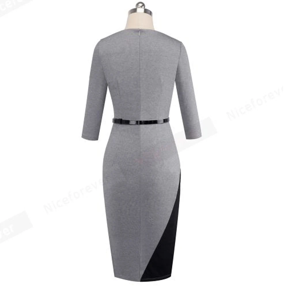 New Spring Patchwork Office Lady Dress Three Quarter Sleeve Belt Business Formal Lady Pencil Dress 1HB332