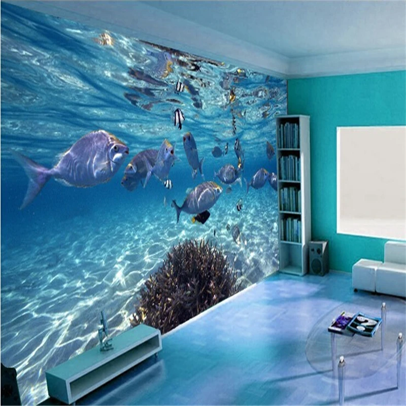 beibehang wallpaper 3D stereoscopic underwater world marine fish living children's room TV background 3d photo mural wallpaper