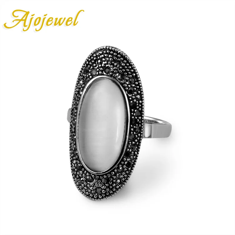 Ajojewel Pave Black Rhinestone Oval Shaped White Opal Stone Rings For Women Vintage Finger Ring Fashion Accessories