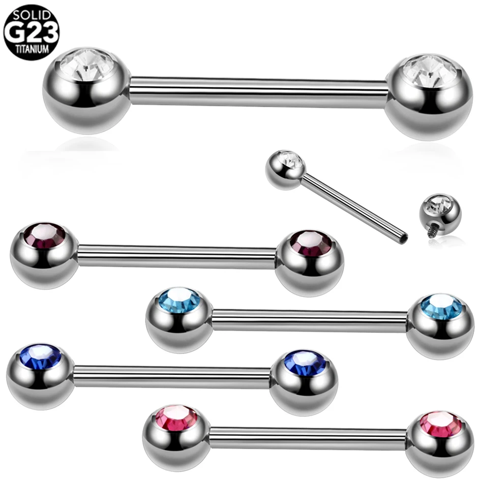 2pcs/lot G23 Titanium Piercing Crystal Tongue Barbell Rings Internally Thread CZ Gem Nipple Barbell Rings Piercing Sexy Jewelry