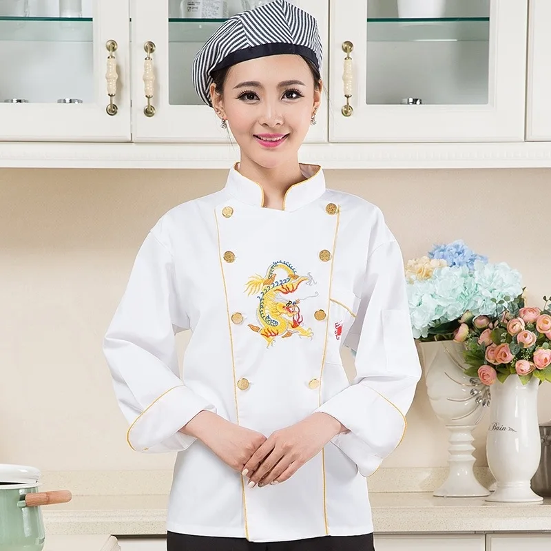 Nieuwe Ontwerp Chef Jas Chinese Stijl Wit Chef Uniform Hotel Keuken Koken Kleding Lady Bakker Wear Lange Mouwen B-5936