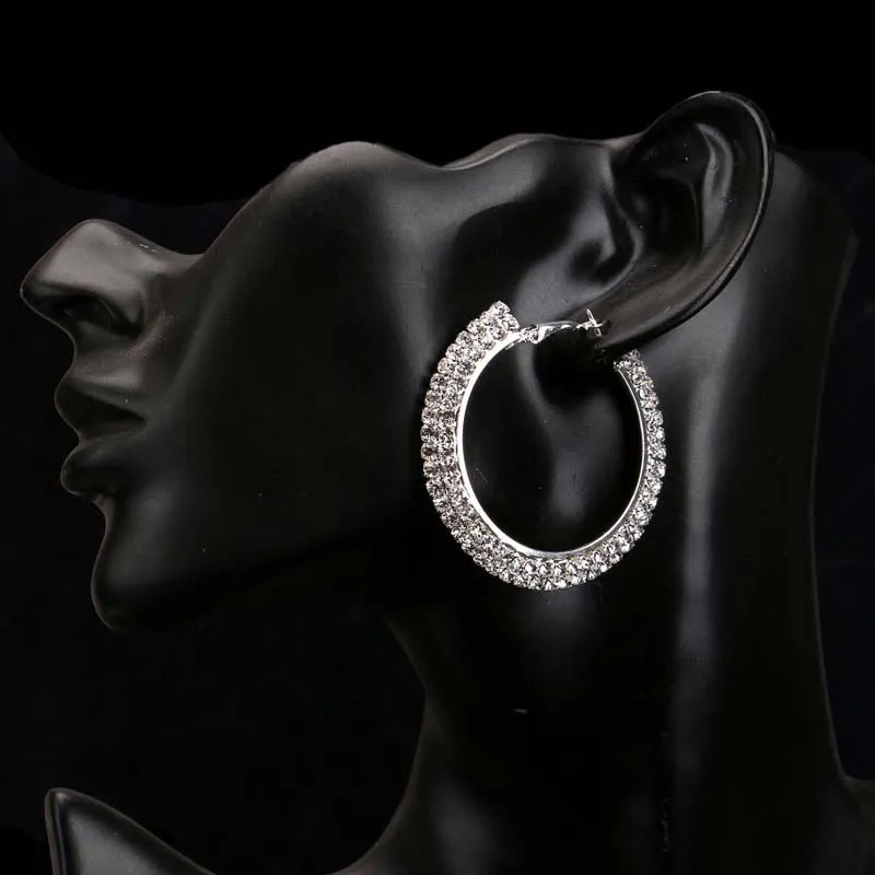 TREAZY Fashion Women Jewelry Silver Plated 40MM 2Rows Diamante Rhinestone Crystal Earrings Round Hoop Earrings Wedding Jewelry