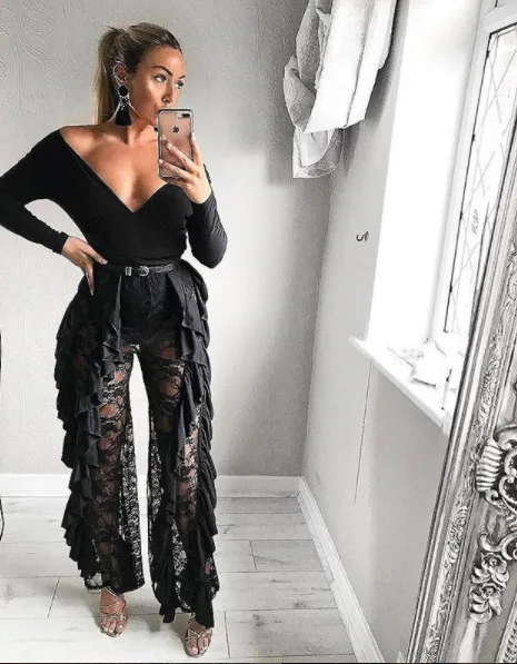 BKLD Sexy Women Beach High Waist Pants New 2025 Ruffles Lace See-through Wide Leg Pants Ladies Sexy Bikini Cover Up Trousers