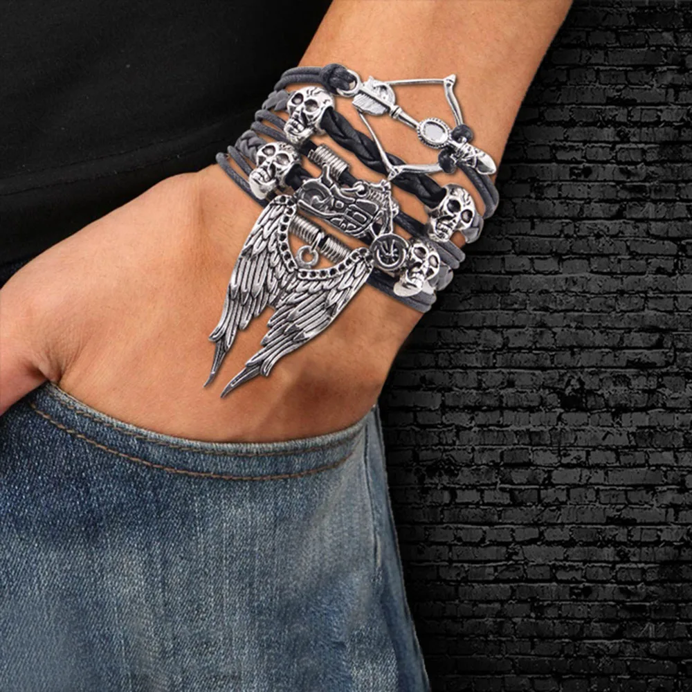 Handmade Punk Men Bracelet Arrow Skull Angel Wing Biker Chick Charms PU Leather Wrap Bracelets & Bangles For Men Women Jewelry