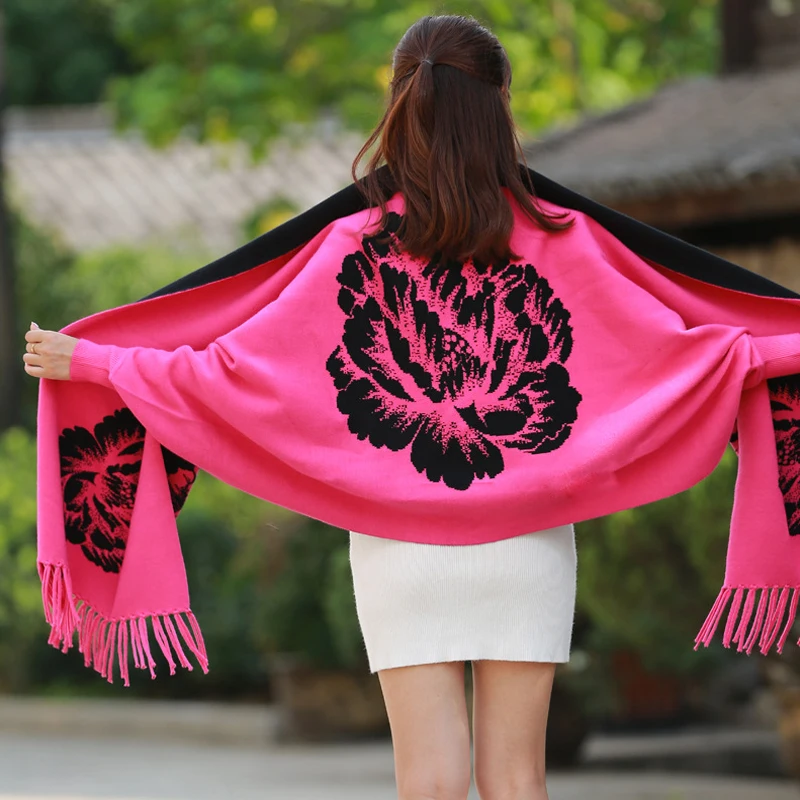 Brand designer Women with sleeve Poncho scarf winter warm cashmere Peony double-face Cape tassel Blanket wrapped scarf shawl
