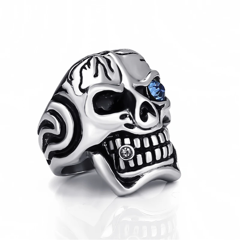 Mens Boys Stainless Steel Ring Huge Skull Blue/Red/Green Eye Cigar CZ Biker Jewelry Us Size 8-15