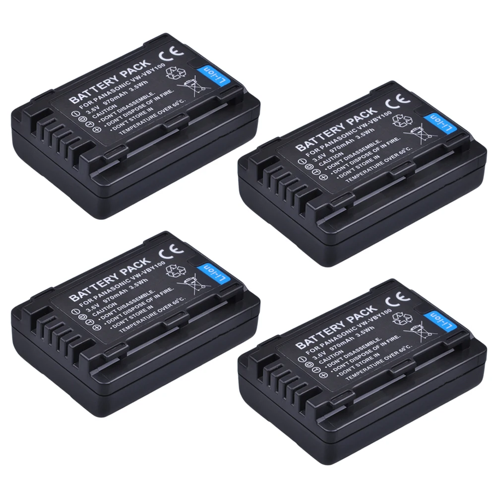 Batteria 4Pcs 3.6V 970mAh VW-VBY100 VBY100 per Panasonic HC-V201, HC-V110, HC-V110GK, HC-V110K, HC-V110P, HC-V130, HC-V160 fotocamera