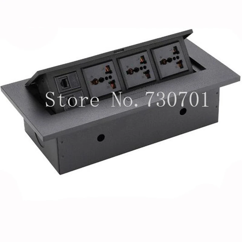 

Universal three inserted multifunctional tabletop french socket with RJ45 black/silver free shipping