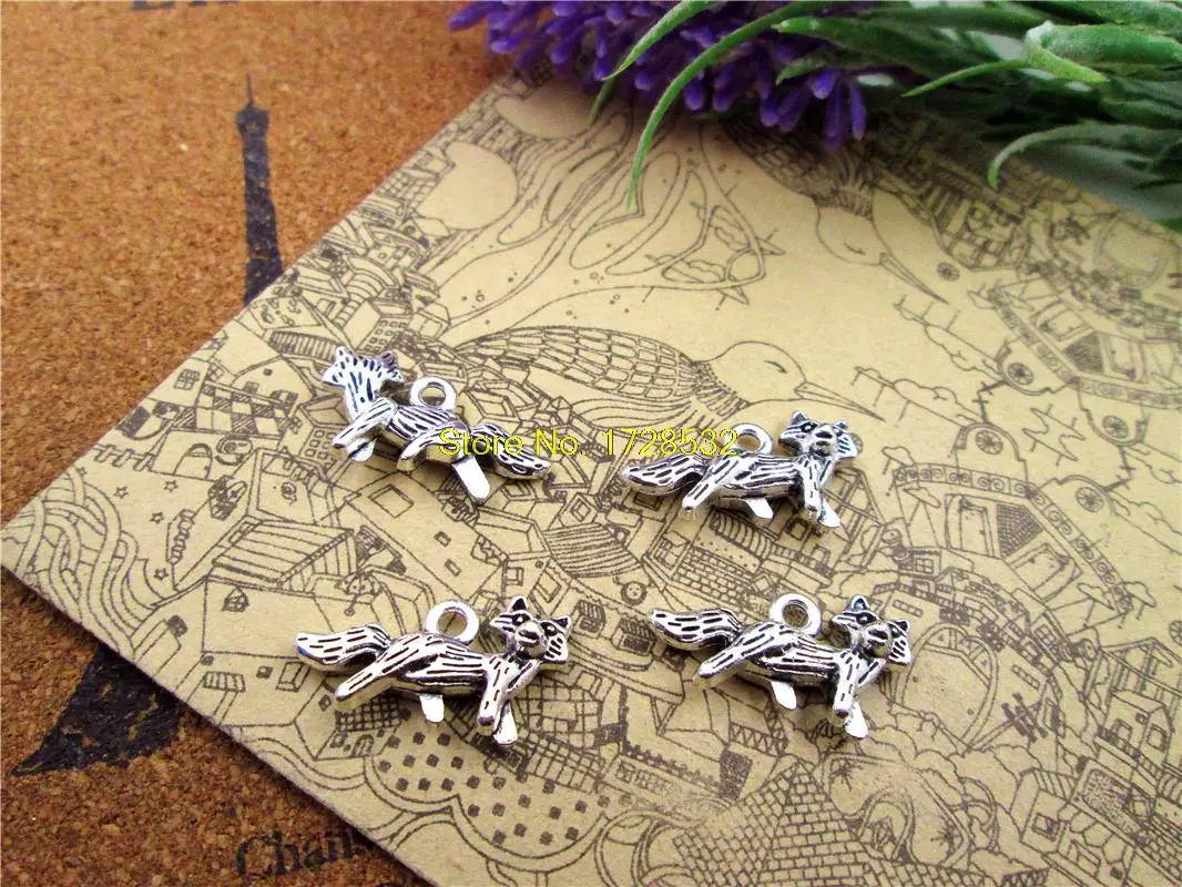 12pcs fox Charms Antiqued Silver Tone 2 sided fox  charm pendants 24x13mm