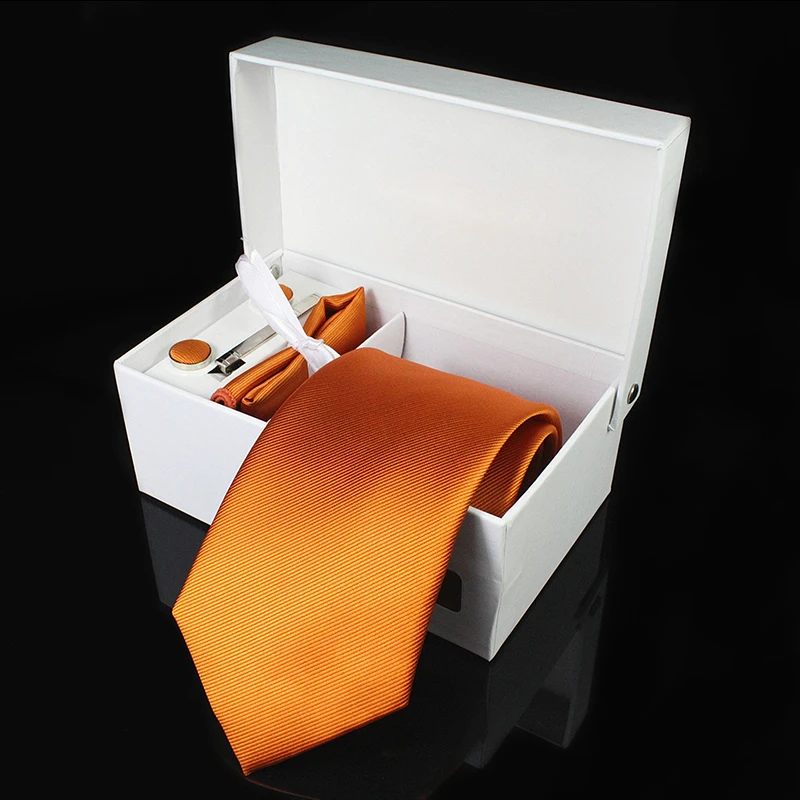 Corbata de seda de 8cm para hombre, conjunto de caja de regalo de gemelos de pañuelo Formal, corbatas rojas y amarillas sólidas para hombre, regalo de boda de negocios, fiesta