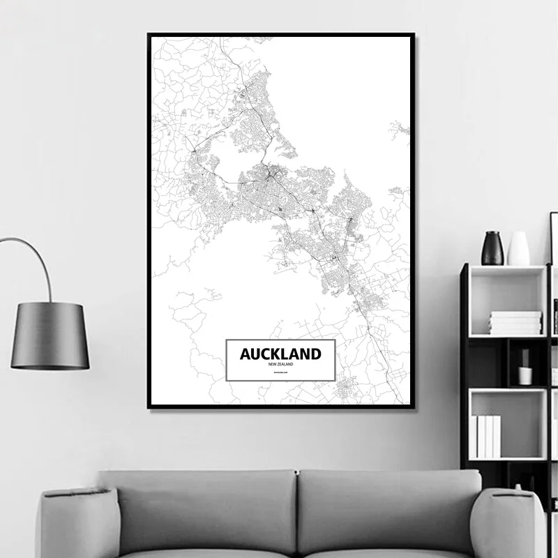 Auckland, New Zealand Black White Custom World City Map Poster Canvas Print Nordic Style Wall Art Home Decor