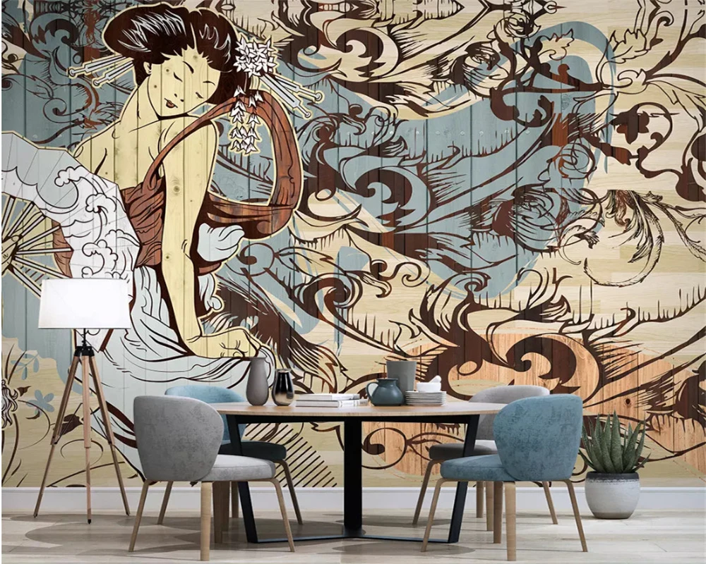 

beibehang Custom wall wallpaper female wood grain restaurant Japanese hotel Background wall mural 3D wallpaper papel de parede