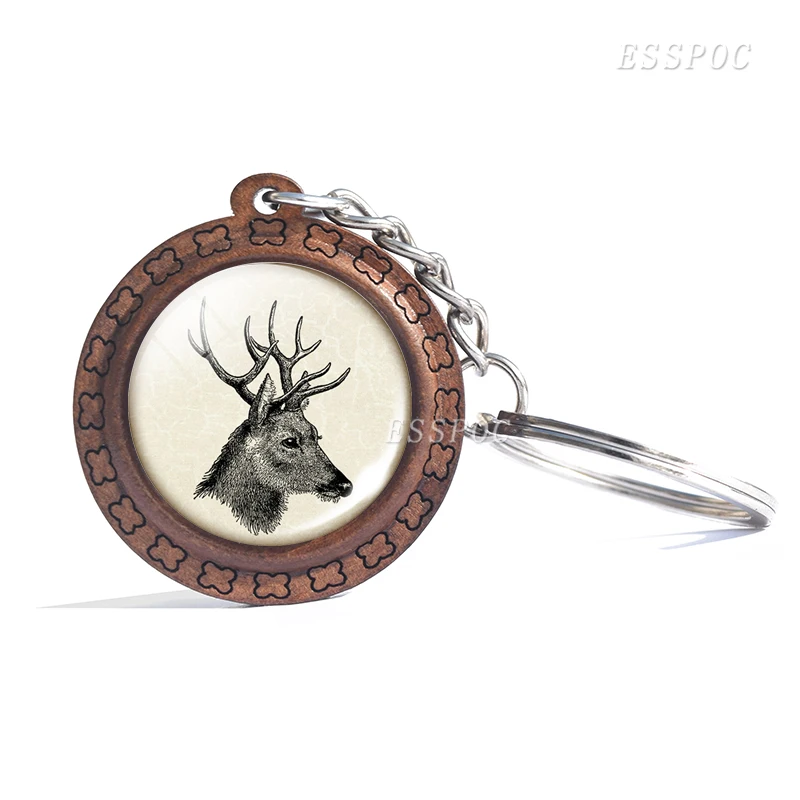 Deer Wooden Keychain Glass Cabochon Jewelry Women Men Vintage Animal Pendant Black and White Elk Key Chain Christmas Gifts