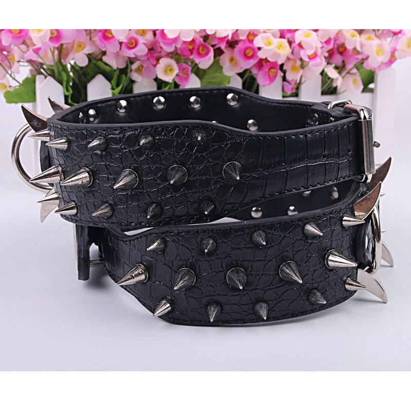 High Quality PU Leather Black Dog Collars Cool Spiked & Studded Pet Dog Collar For Medium Large Dogs Pitbulls Mastiff Bully 089