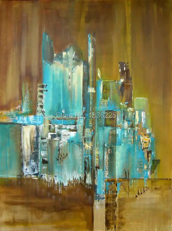 

abstract art paintings modern city canvas art decorative pictures for living room handmade blue and green buliding oil painting