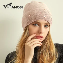 VIANOSI Knitted Winter Hat Women Thick Female Beanies Warm Cap Rhinestone Pearl Wool Hats for Women