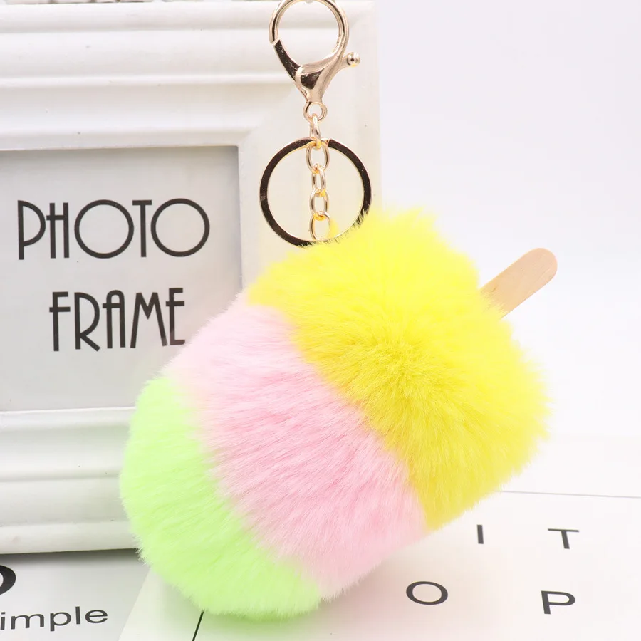 2024 Faux Fluffy Puff Ball Ice Cream Summer Pompom Keychain Women handBag Bunny ear Key Chain car Keychains Holder Jewelry