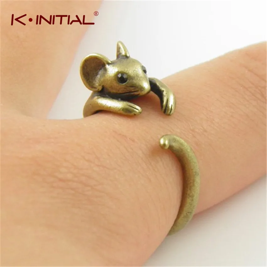 Kinitial Chic Vintage Little Mouse Finger Ring for Women Kids Girl Antique Silver Color Bronze Cute Rat Rings Jewelry Party Gift