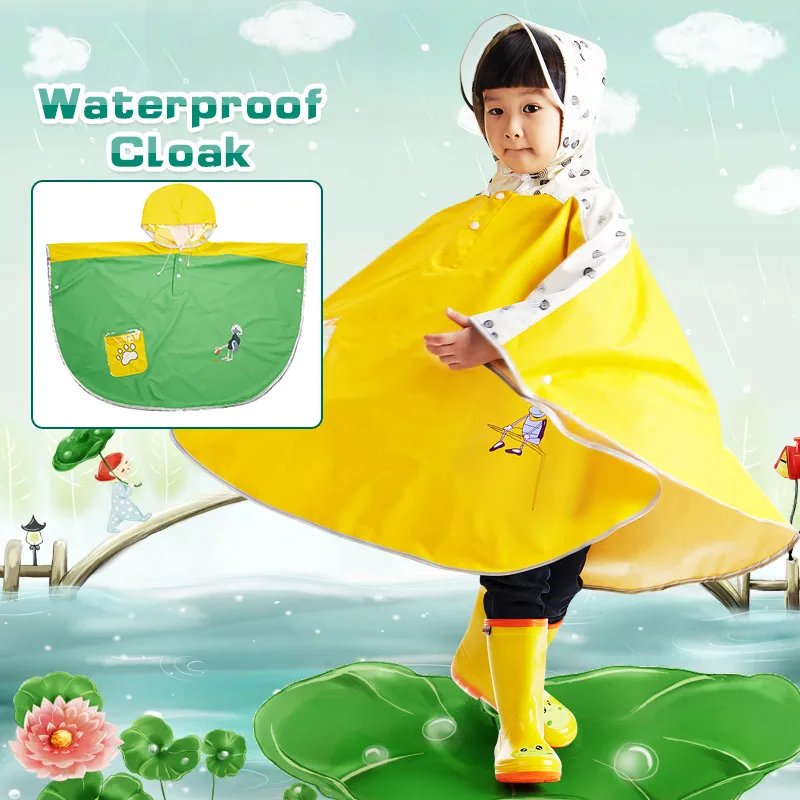 QIAN Impermeable Children Raincoats Eco-friendly Soft PU Cartoon Kids Waterproof Rain Cloak School Tour Hooded Rain Coat Poncho