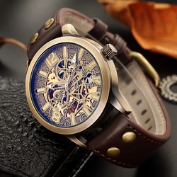 SHENHUA 2019 Mens Casual Sport Watch Vintage Leather Top Brand Luxury Army Automatic Men's Wrist Watch Military Skeleton Clock