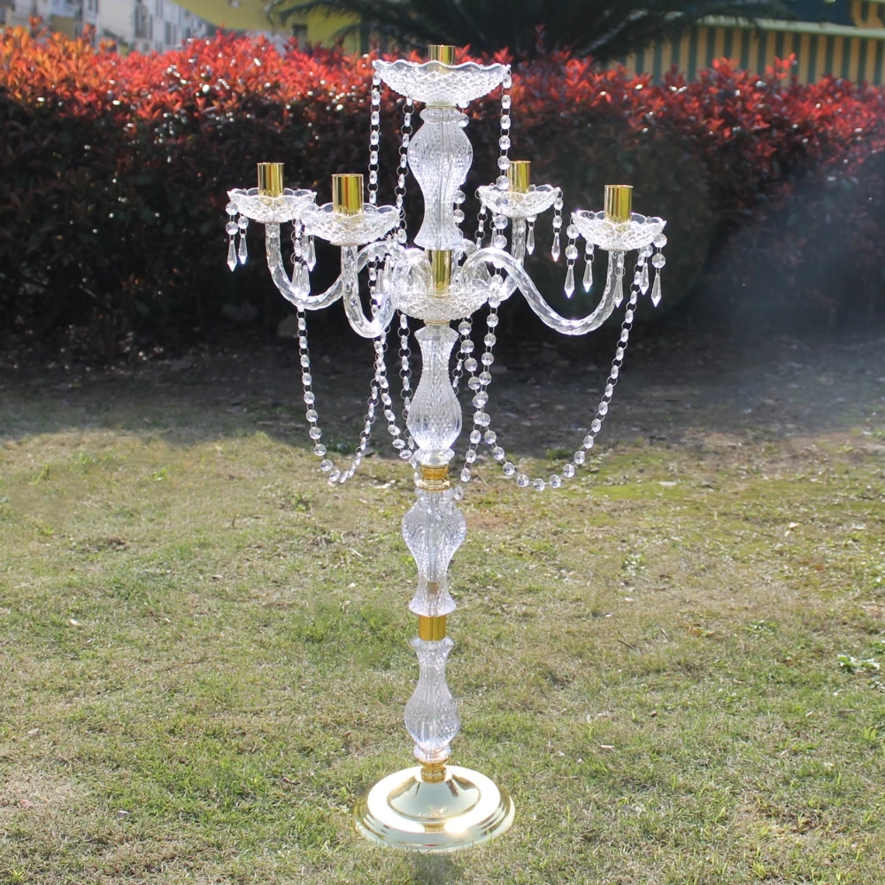 90 cm Height Acrylic 5-arms Metal Candelabras With Crystal Pendants Wedding Candle Holder Centerpiece Party Decor