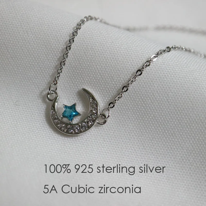 

100% real 925 Sterling Silver Crystal moon blue star pendant necklace Rhodium plated silver choker jewelry necklaces for girls