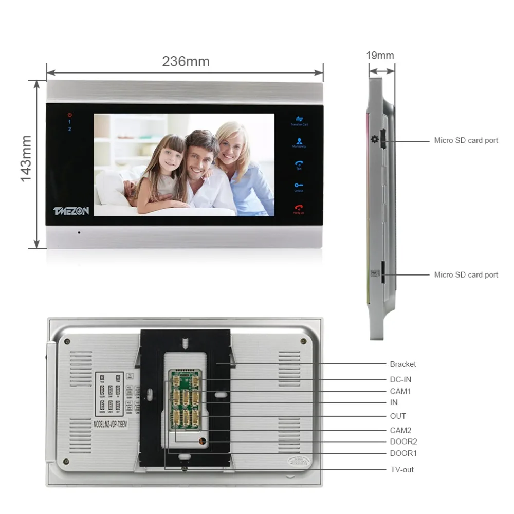 TMEZON Videocitofono da 7 pollici Citofono Campanello Sistema di sicurezza domestica Altoparlante per porta Pannello di chiamata + Monitor da 7 pollici + Telecamera 1080P