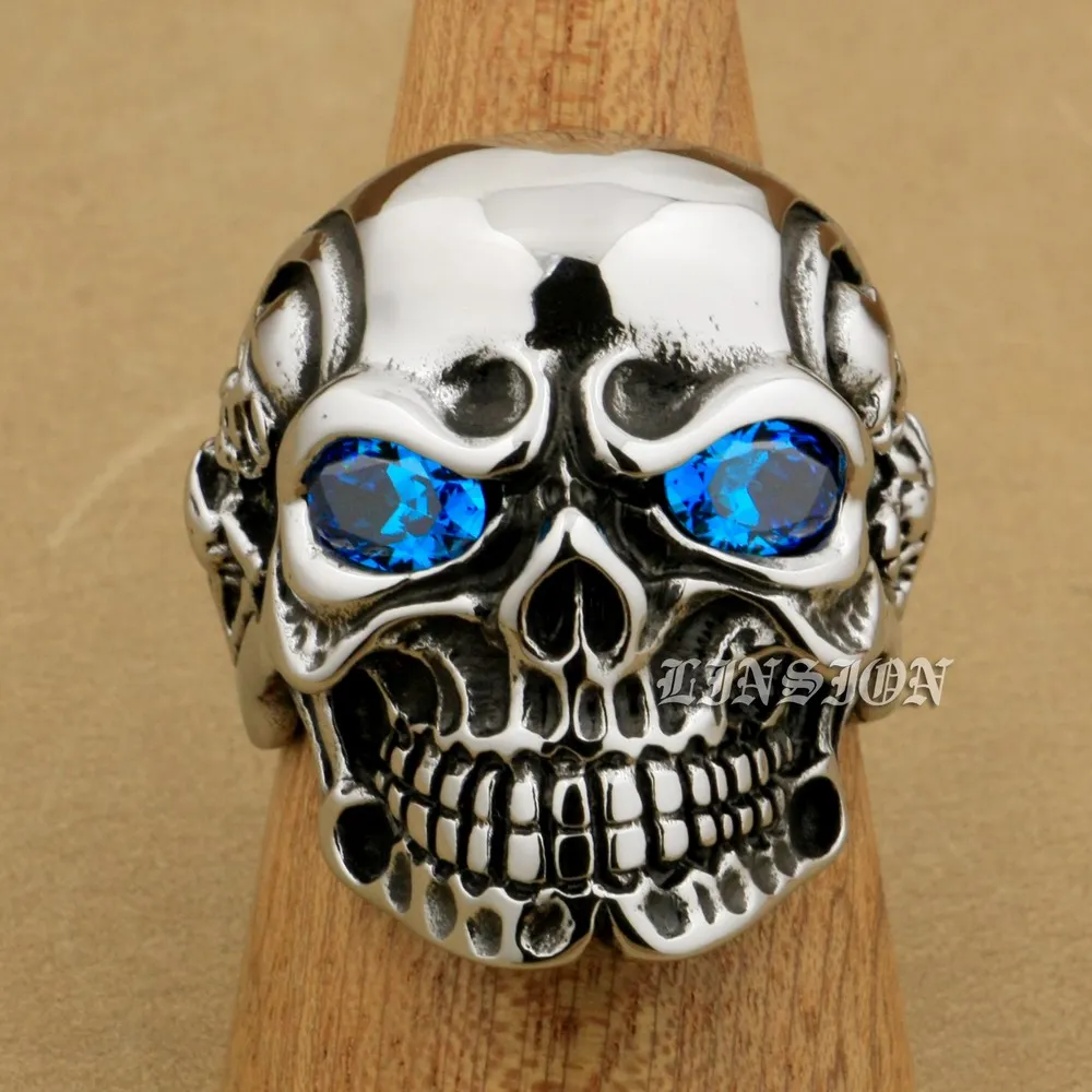 LINSION Punk Jewellery 316L Stainless Steel CZ Eyes Titan Skull Ring Mens Boys Biker Rock Style 3AX01