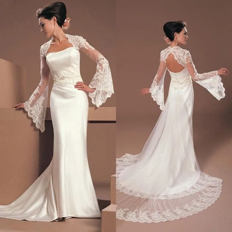 

Sexy Women's New Tulle Lace Long Big Sleeve Wedding White Ivory Backless Bolero Cap Jackets Sheer Custom Made Bridal Jacket