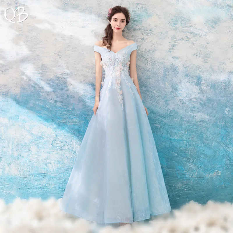 A-line V-neck Tulle Lace Flowers Long Formal Elegant Sky Blue Evening Dresses 2020 New Fashion Bride Party Prom Dress XK149